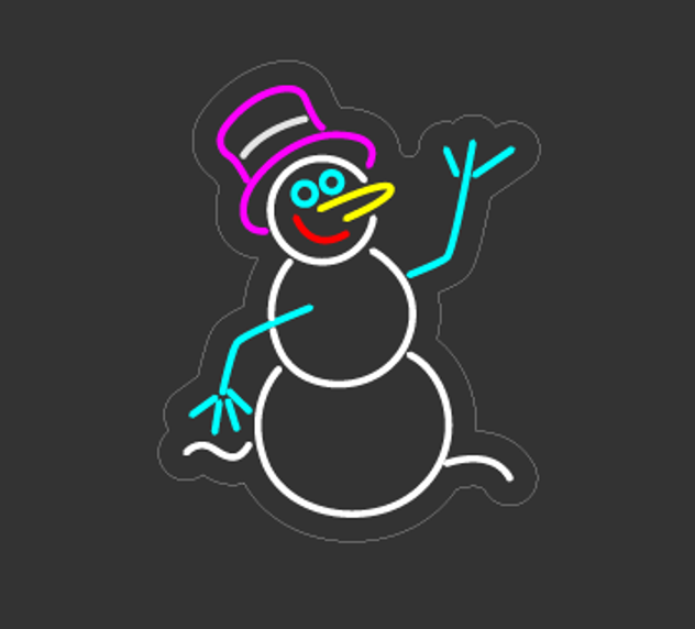 LED neonskilt SnowMan nærbilde av snømann i rosa, gul og blå med hvit kontur