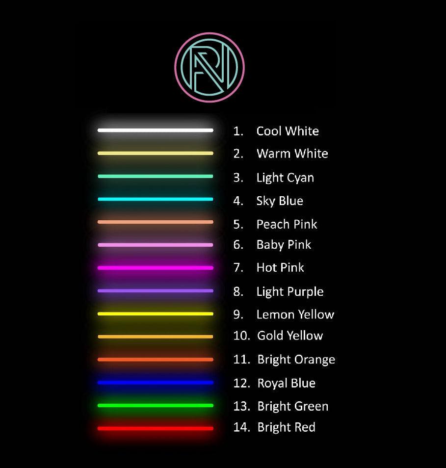 Fargemal for LED-neonskilt med 14 lysstriper og fargenavn