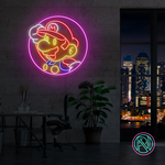LED-neonskilt med Mario-figur i rosa, rød og gule konturer