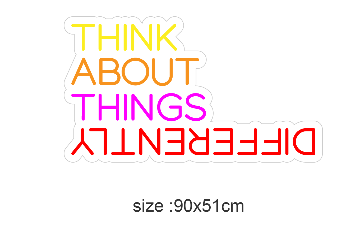 LED neonskilt med tekst «THINK ABOUT THINGS» i neonfarger, størrelse 90x51 cm.