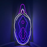 LED-neonskilt med oval form, lilla og hvite lyslinjer