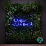 LED-neonskilt med tekst «Växeln, hallå hallå» i blå belysning