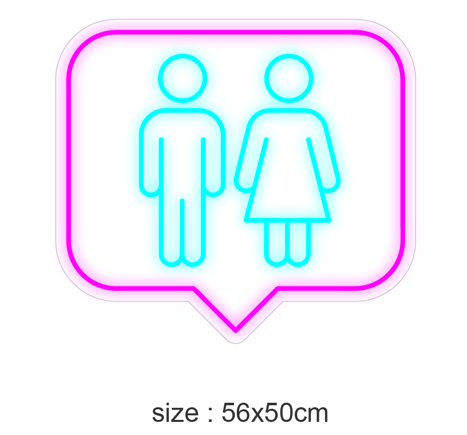 LED-neonskilt i snakkebobleform med toalett-symboler, rosa kant, turkis figurer, 56×50 cm