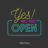 LED-neonskilt «Yes! WE ARE OPEN» 90x74 cm, gul og blå lys