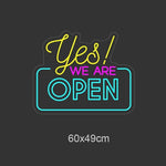 LED-neonskilt «Yes! WE ARE OPEN» 60x49 cm, gul og blå lys