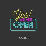 LED-neonskilt «Yes! WE ARE OPEN» 60x49 cm, gul og blå lys