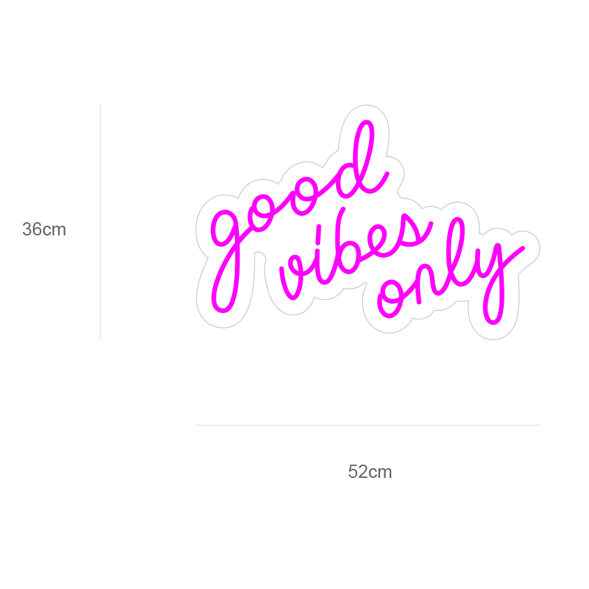 LED-neonskilt med «good vibes only», rosa lys; mål 52×36 cm
