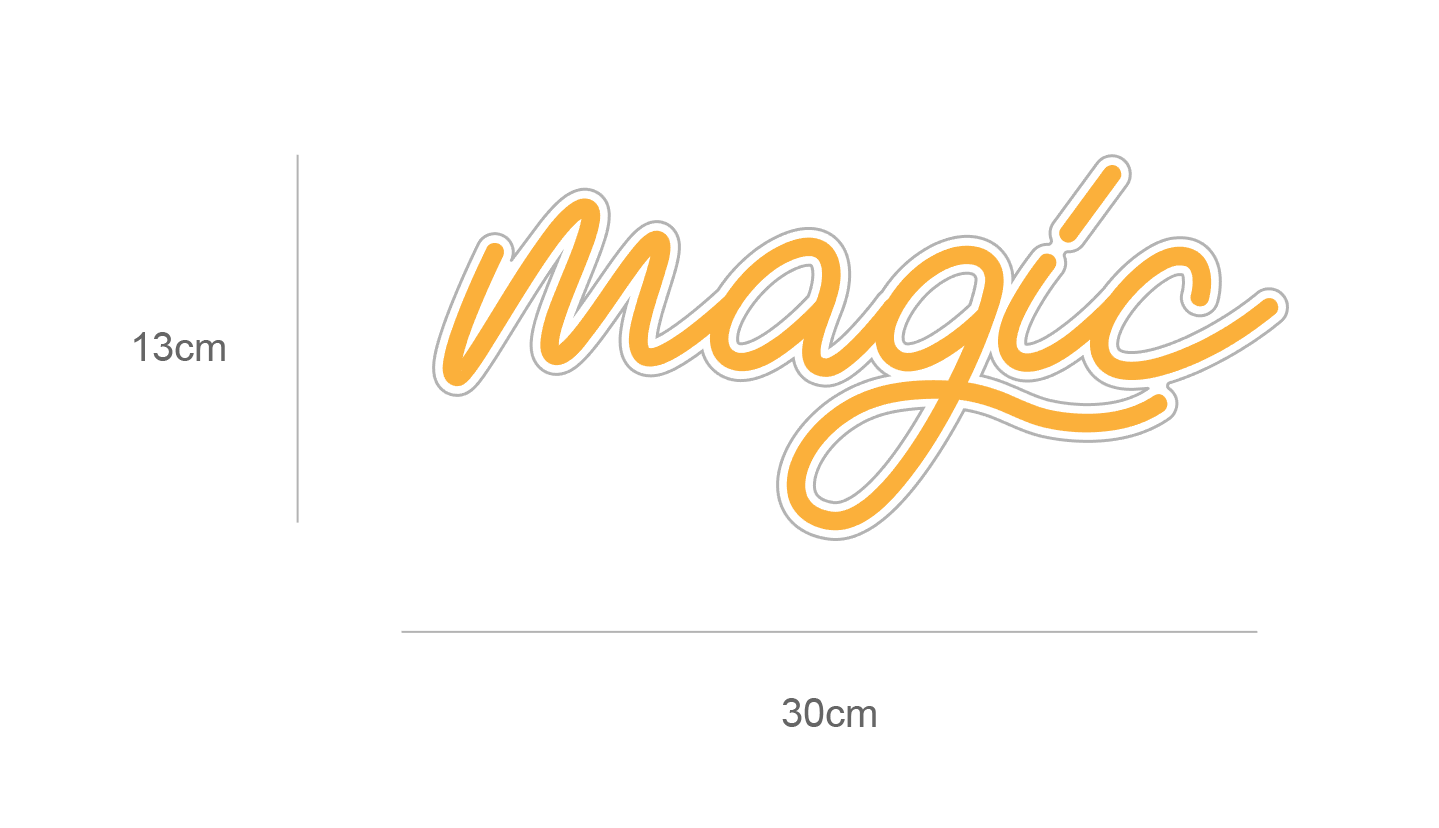 LED neonskilt «magic» med mål 30 cm og 13 cm, oransje kontur